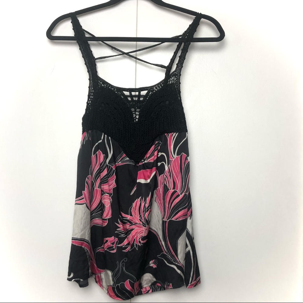 Bebe Silk & Crochet Tank Top Black Pink Floral